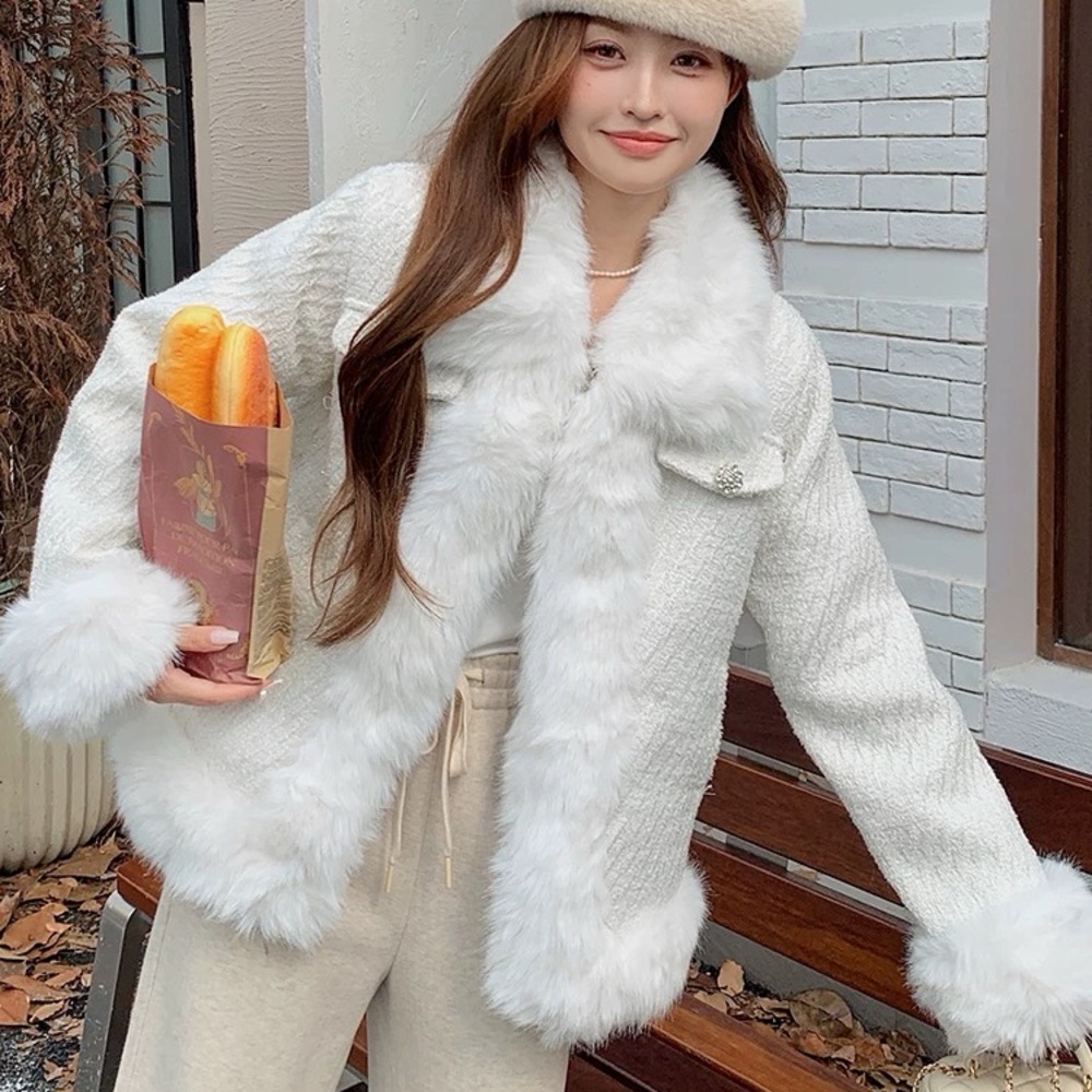 Brand New Elegant White Faux Fur Trimmed Jacket